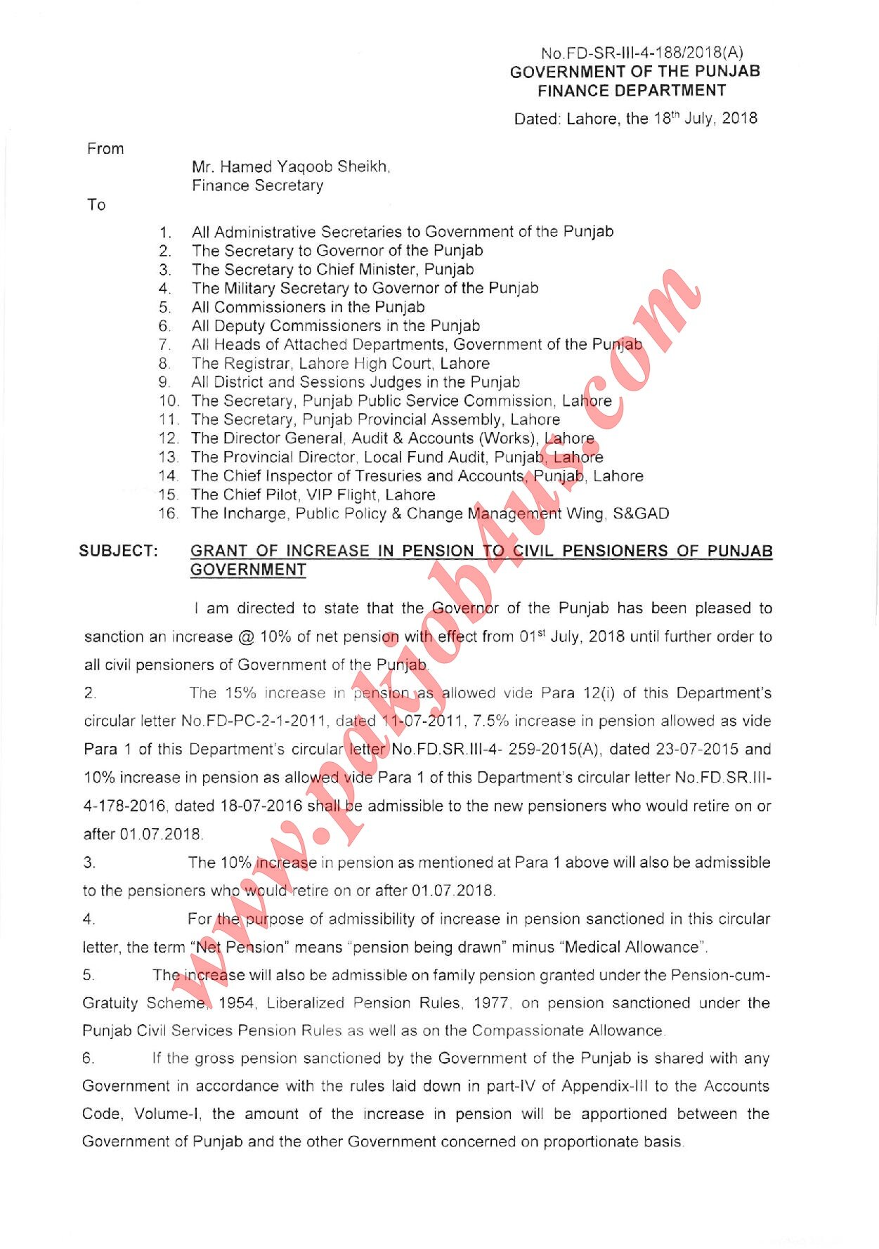 Notification about Pension to Civil Pensioners of Punjab Government