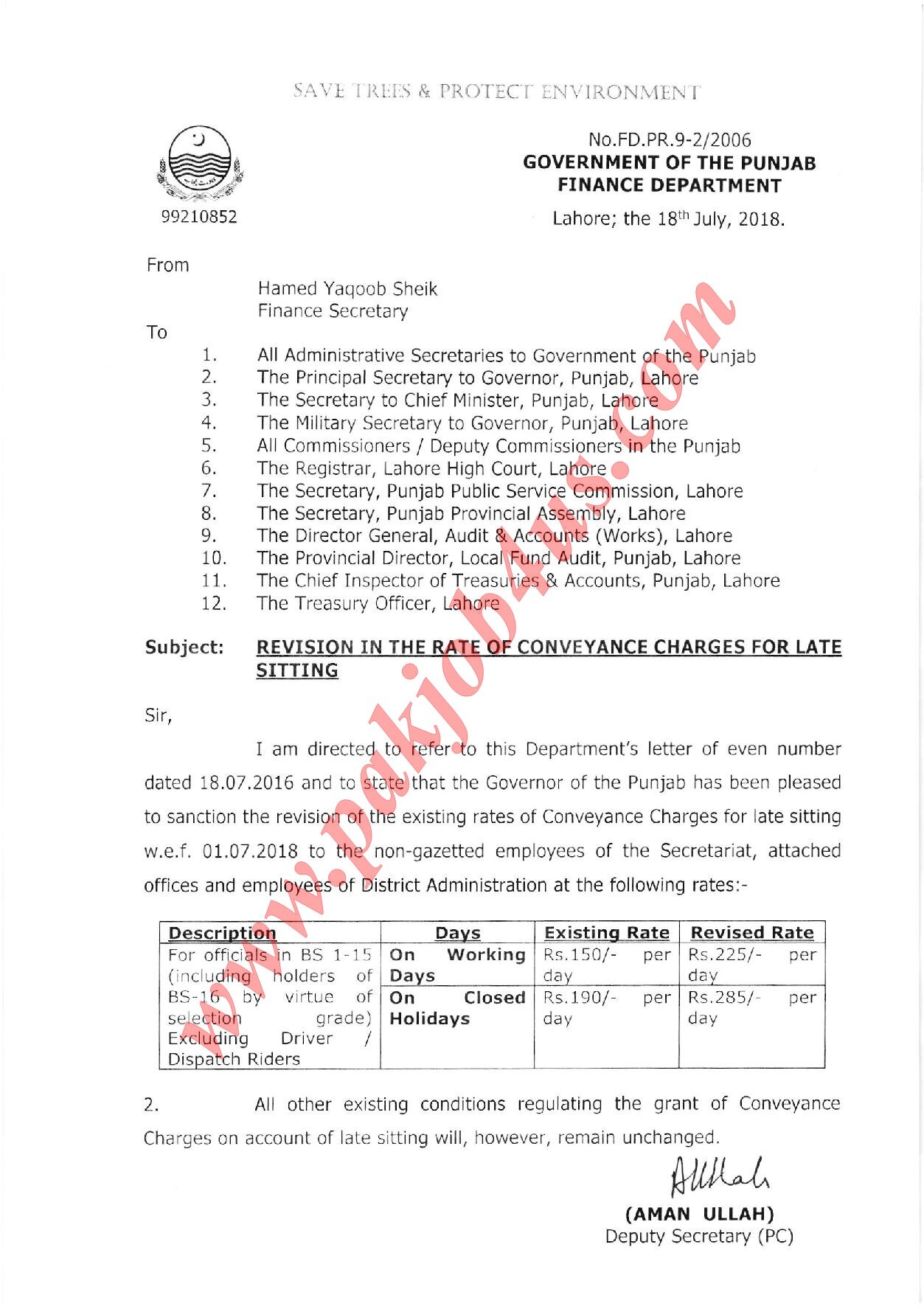 Notification, Revision in the rate of conveyance Charges for Late Sitting 